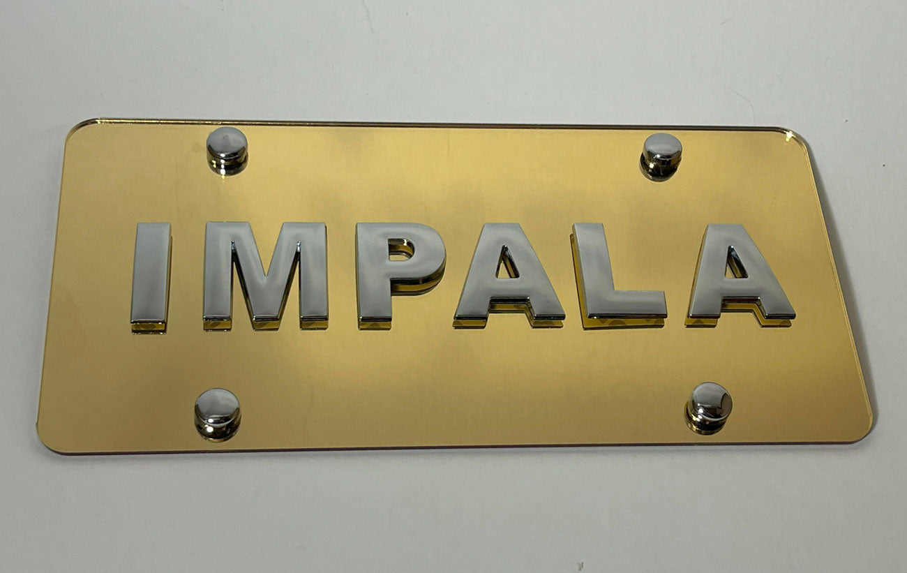 Chevy Impala Gold Mirror License Plate Tag with Chrome Emblem Badge