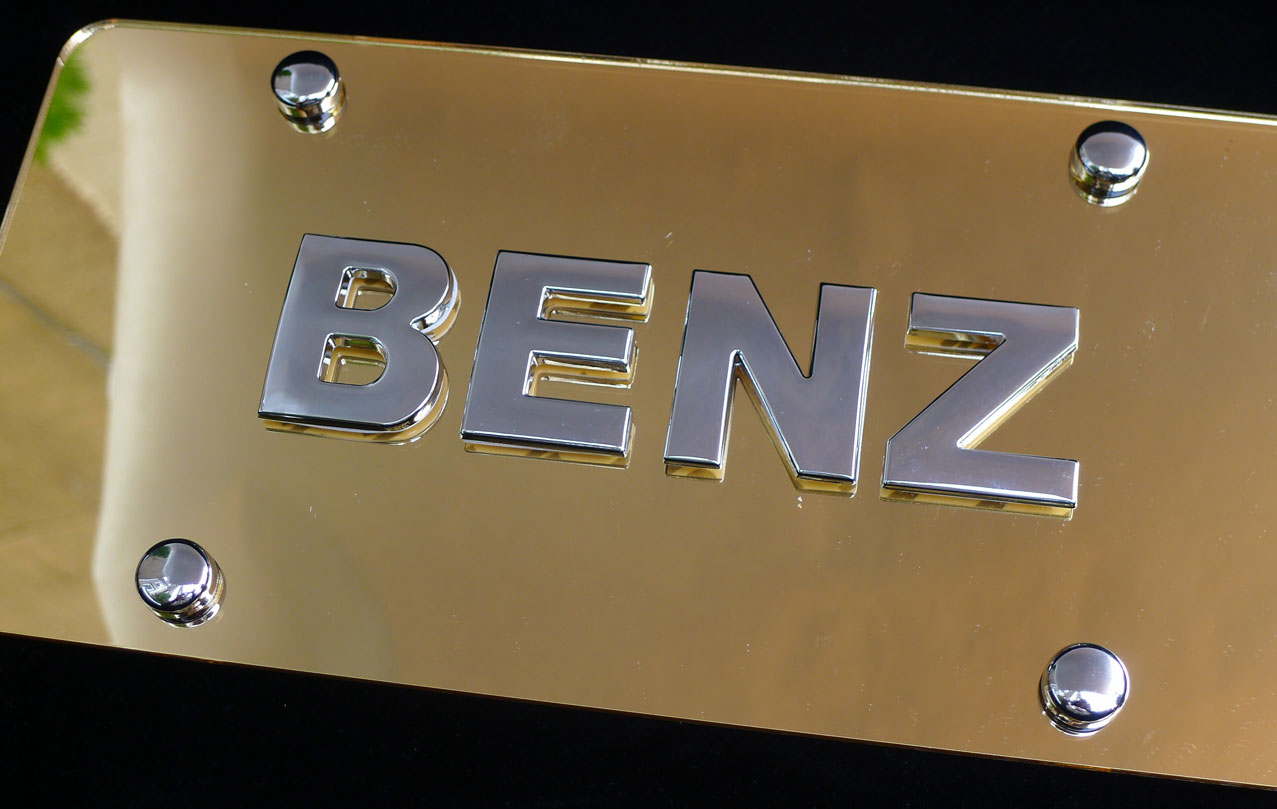 Mercedes Benz Gold Mirror License Plate Tag with Chrome Emblem Badge
